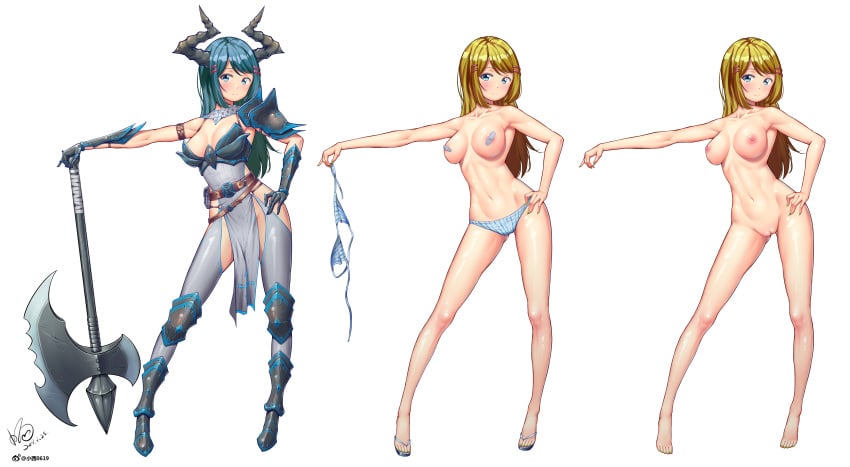 absurdres areolae arm_up armlet armored_boots artist_name axe bandaid bandaids_on_nipples bangs barefoot belt blonde_hair blue_bra blue_eyes blue_hair blue_panties blush boots bra bra_removed breasts closed_mouth collarbone dated female fingernails full_body gauntlets gluteal_fold green_nails grey_legwear hair_ornament hairclip hand_on_hip happy highres holding horns huge_weapon konishi_(pixiv12218414) large_breasts legs_apart long_hair looking_at_viewer matching_hair/eyes multiple_views nail_polish navel nipples nude open_toe_shoes original outstretched_arm panties pasties pelvic_curtain pouch pussy sandals shiny shiny_clothes shiny_hair signature simple_background smile soles standing striped striped_bra striped_panties topless uncensored underwear underwear_only undressing watermark weapon weibo_username white_background white_footwear