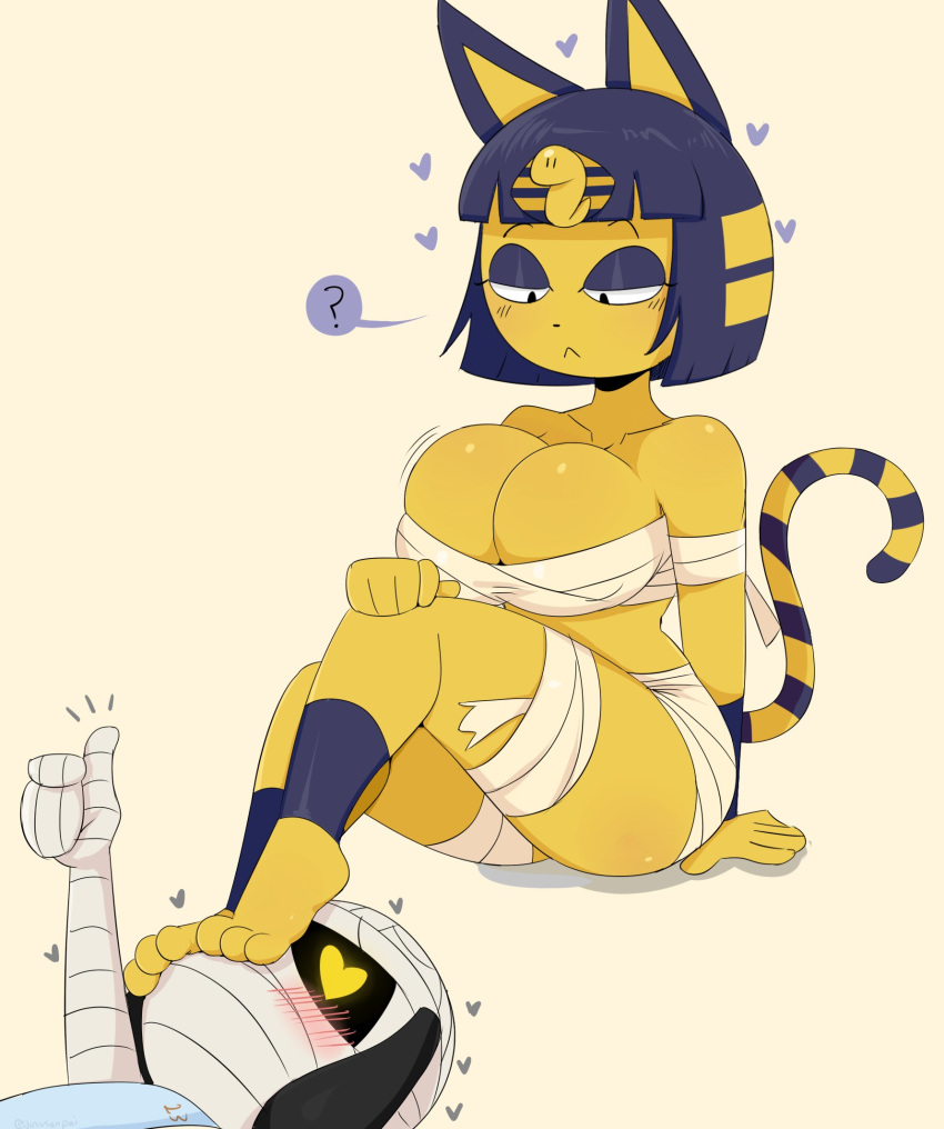 1boy 1girls ? animal_crossing ankha anthro barefoot blush breasts canine cleavage feet feline female foot_fetish furry half-closed_eyes heart heart-shaped_pupils huge_breasts interspecies jinu large_breasts lucky_(animal_crossing) nintendo text thick_thighs thighs toes watermark wide_hips year_request