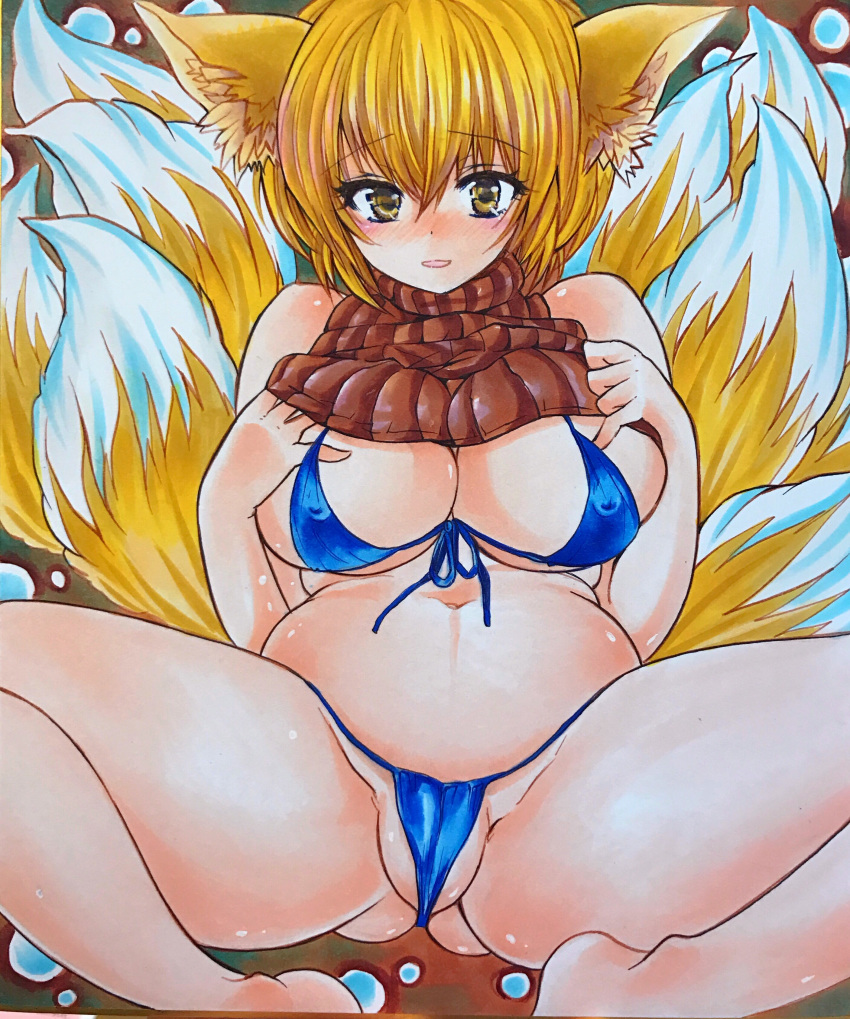 9_tails animal_humanoid belly big_breasts bikini blonde_hair blush breasts cameltoe canine clothed clothing dipstick_tail female fox_humanoid hair humanoid inner_ear_fluff mammal multi_tail multicolored_tail navel nipple_bulge open_mouth overweight partially_visible_vulva plump_labia pokies ran_yakumo short_hair solo swimsuit touhou twobee undressing yellow_eyes