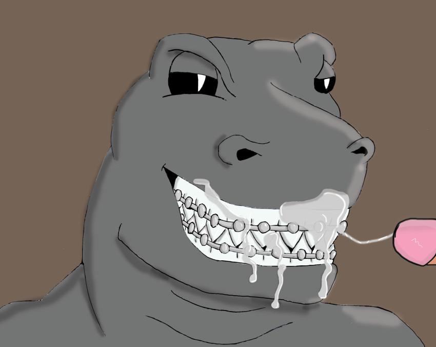 anthro braces creature_pet_(badboylol) cum cum_in_mouth cum_inside cum_on_braces cum_on_face cum_on_teeth dinosaur human human_on_anthro interspecies male mammal nightcorelights oral penis raptor sharp_teeth smile solo_focus teeth theropod yaoi