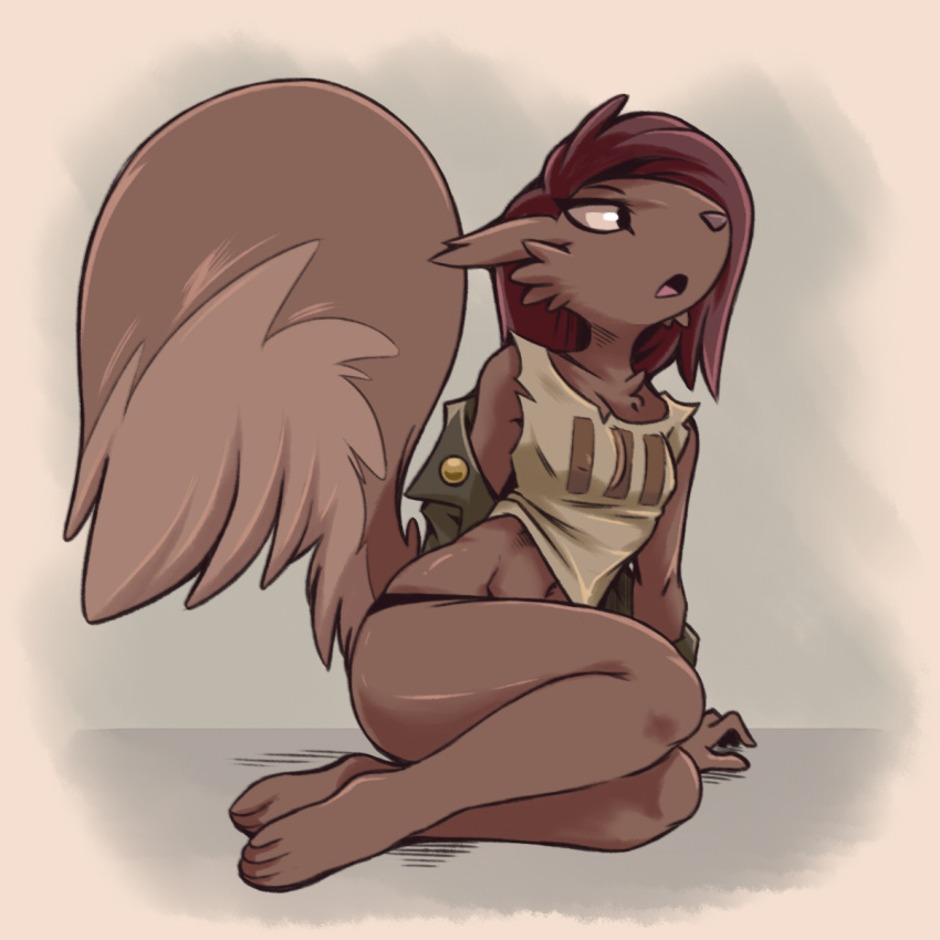 1girls 2017 anthro arm_support ass breasts brown_fur brown_hair cheek_tuft chest_tuft clothed clothing disney feet female female_only fluffy fluffy_tail fur hair jacket mammal midriff navel nipple_bulge off_shoulder open_mouth panties plague_of_gripes rodent shirt simple_background sitting skimpy solo squirrel squirrel_girl_(svtfoe) star_vs_the_forces_of_evil tongue tuft underwear