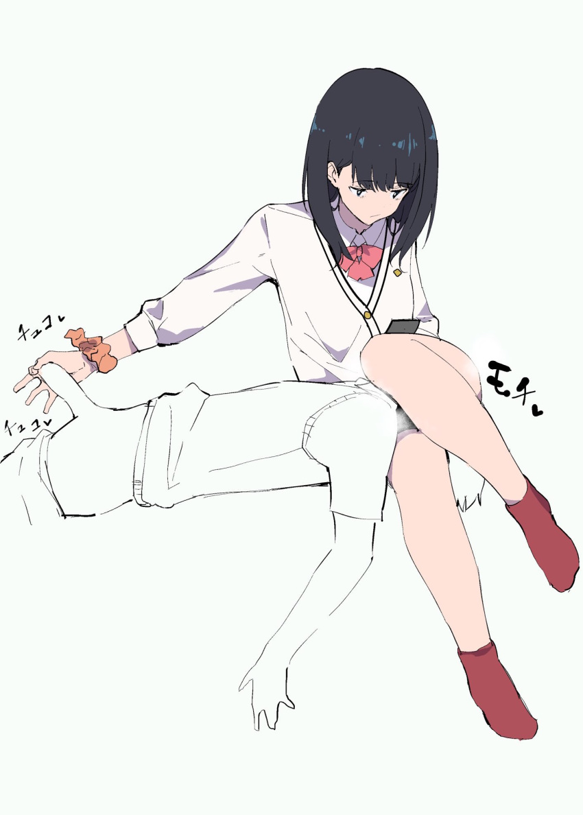 1boy ankle_socks anklehighs black_hair bored bow cardigan cellphone faceless_male female handjob jikatarou legs penis phone red_bow red_legwear red_socks school_uniform scrunchie socks ssss.gridman tagme takarada_rikka thighs white_background