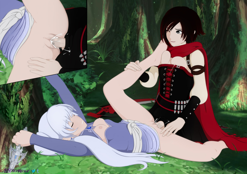 black_eyes blue_eyes breast_press closed_eyes clothed_sex crescent_rose cum cum_in_pussy cum_inside dominated female futa_on_female futanari intersex lactating lactation milk missionary_position myrtenaster necromalock outdoors pussy red_hair ruby_rose rwby silver_eyes small_breasts vaginal_penetration weiss_schnee white_hair yuri