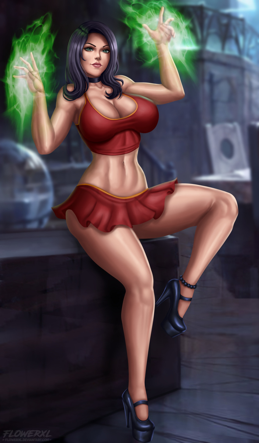 anklet big_breasts black_hair breasts cheerleader collar curvy feet female flowerxl green_eyes high_heels human human_warlock large_breasts legs magic pinup skirt sylvya_felstorm toned world_of_warcraft