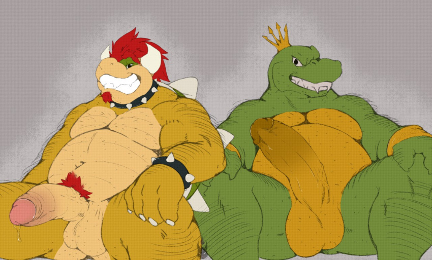 2018 2boys anthro body_hair bowser claws collar crocodilian crown donkey_kong_(series) duo glans grey_background grin hair horn humanoid_penis k_rool king koopa kremling looking_at_viewer male male_only mario_(series) multiple_boys musclegut nintendo penis pubes red_hair redras_shoru reptile royalty scalie sharp_teeth simple_background sitting smile spikes teeth testicles vein veiny_penis video_games