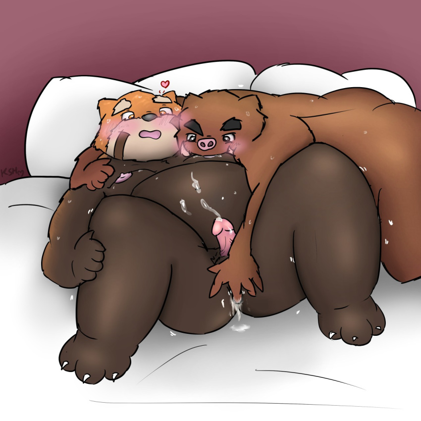 2017 2boys anthro ass balls bed belly blush boar brown_fur cum duo fur furry heart kusosensei male male_only mammal moobs nipples overweight overweight_male penis porcine red_panda sucking sweat testicles tusks yaoi