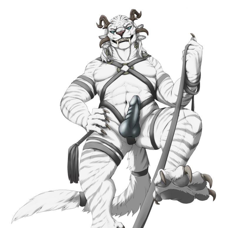 2015 5_fingers abs anthro blue_eyes bondage charr claws dagos dildo fangs feline femdom first_person_view flogger fur grey_pawpads grey_stripes guild_wars hand_on_hip harness highres hindpaw horn leash looking_at_viewer low-angle_view maara male male_only mammal multi_ear muscular muscular_male navel nude pawpads paws penis pose simple_background solo striped_fur stripes submissive submissive_pov teeth testicles toe_claws video_game white_background white_fur