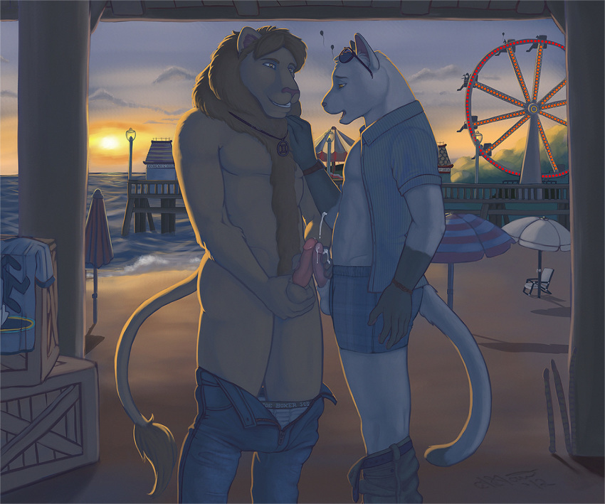 2boys anthro clothed clothing cum cumshot duo feline frottage fur furry lion male male_only mammal pants_down partially_clothed penis public seikox sex testicles yaoi