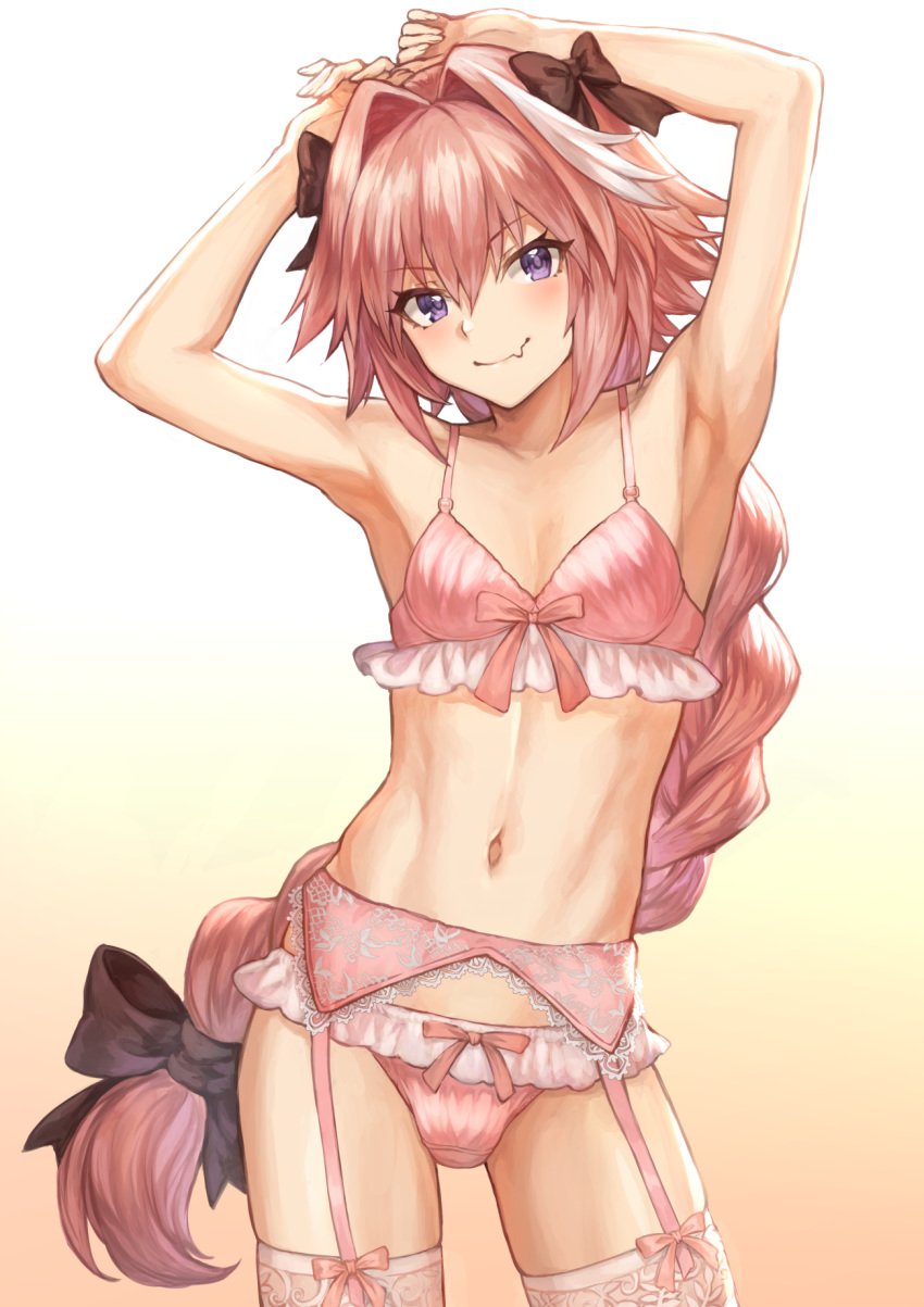 1boy armpits arms_up astolfo_(fate) bra braided_ponytail fate_(series) femboy garter_belt girly hairbow hands_on_head lingerie long_hair looking_at_viewer male male_only mashu_003 multicolored_hair panties pink_bra pink_hair pink_lingerie pink_panties testicle_bulge thighhighs trap