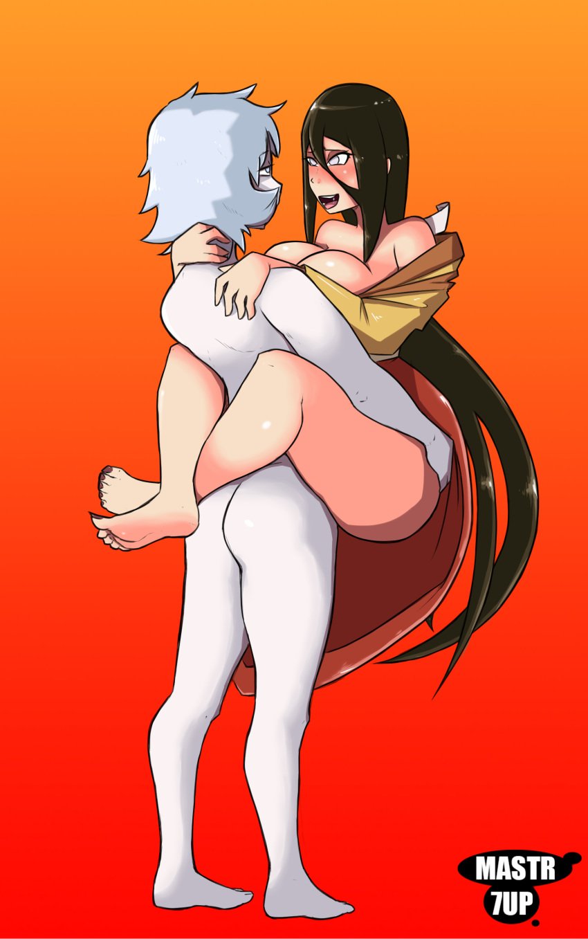 1boy 1boy1girl 1girls albino bare_shoulders barefoot bedroom_eyes big_breasts black_hair blush boruto:_naruto_next_generations breast_press breasts breasts_on_chest brown_hair carrying cleavage clothing colored_background cross-eyed dark_hair eye_contact female full_body grey_hair grey_skin half-closed_eyes hands_on_ass hands_on_shoulders holding_on hyuuga_hanabi kimono lavender_eyes leg_lock lifted long_hair male mastr7up nail_polish naruto naruto:_the_last nude off_shoulder open_mouth orange_background otsutsuki_toneri pale_skin partially_dressed partially_nude pleasure_face ponytail signature silver_hair silver_skin simple_background stand_and_carry_position standing standing_sex straight thick_thighs thighs upright_straddle very_long_hair white_hair white_skin yukata