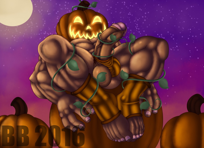 2016 anthro balls blackbear circumcised clothing erection feet food fruit halloween holidays jack-o'-lantern male male_only mammal monster moon muscular muscular_male night nipples nude penis pubes pumpkin pumpkin_head star thong