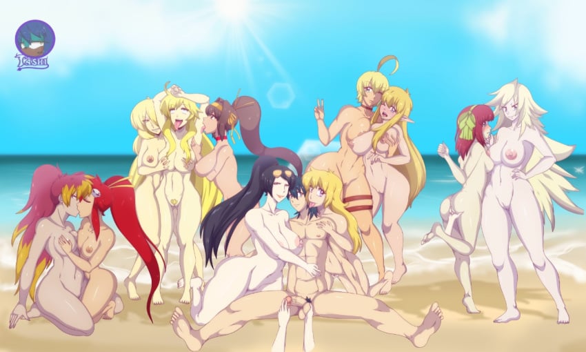 11girls 1boy 6+girls angel_beats! ao_no_exorcist aoi_sekai_no_chuushin_de areolae beach big_breasts black_hair blonde_hair blue_hair blush bow breasts brown_hair crossover cynthia_(pokemon) disembodied_hands eastern_and_western_character eyewear_on_head female gear_(aoi_sekai_no_chuushin_de) glasses handjob harem hoshii_miki human idolmaster keijo!!!!!!!! kirigakure_shura kissing large_breasts long_hair male medium_breasts medium_hair mio_kusakai mito_ikumi multiple_girls nico_robin nintendo nude one_piece penis pokemon pokemon_dppt ponytail pubic_hair pussy red_hair rwby shokugeki_no_souma sitting sunglasses_on_head suzumiya_haruhi suzumiya_haruhi_no_yuuutsu tashi tengen_toppa_gurren_lagann testicles text tiffania_westwood tongue tongue_out water watermark yang_xiao_long yoko_littner yuri yuri_nakamura zero_no_tsukaima