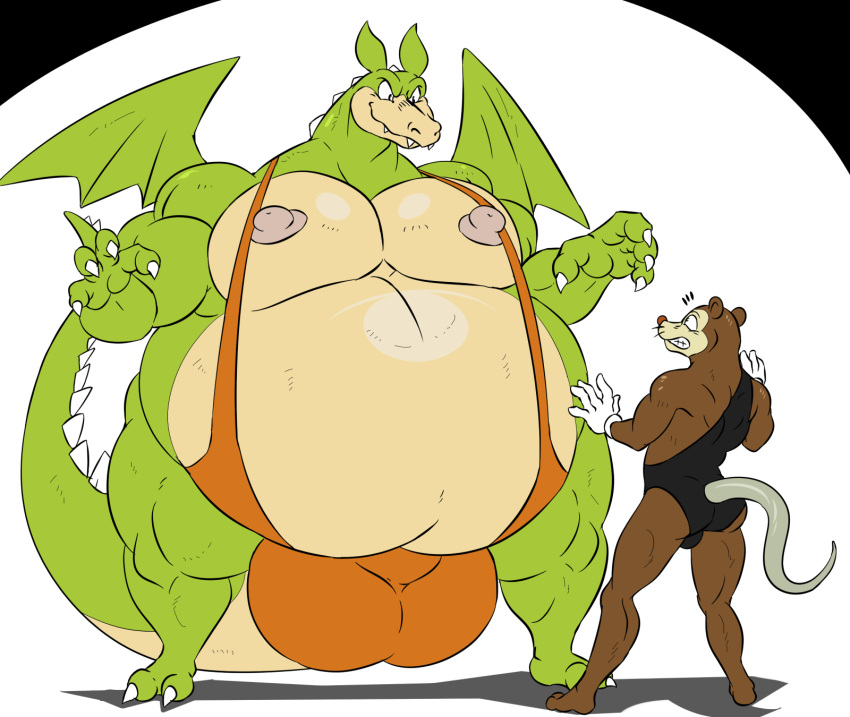 a-side anthro ass bulge chubby clothing cuphead_(game) dragon grim_matchstick male male_only mammal nipples pecs rat reptile rodent scalie tights werner_werman yaoi