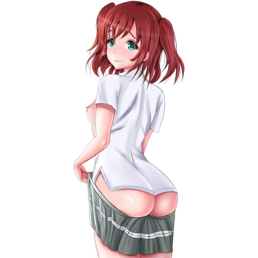 1girls aqua_eyes areolae ass blue_eyes blush breasts breasts_out dat_ass erect_nipples exposed_breasts female kurosawa_ruby looking_at_viewer looking_back love_live! love_live!_sunshine!! nipples no_bra no_panties red_hair school_uniform schoolgirl skirt small_breasts smile solo twintails undressing white_background white_shirt