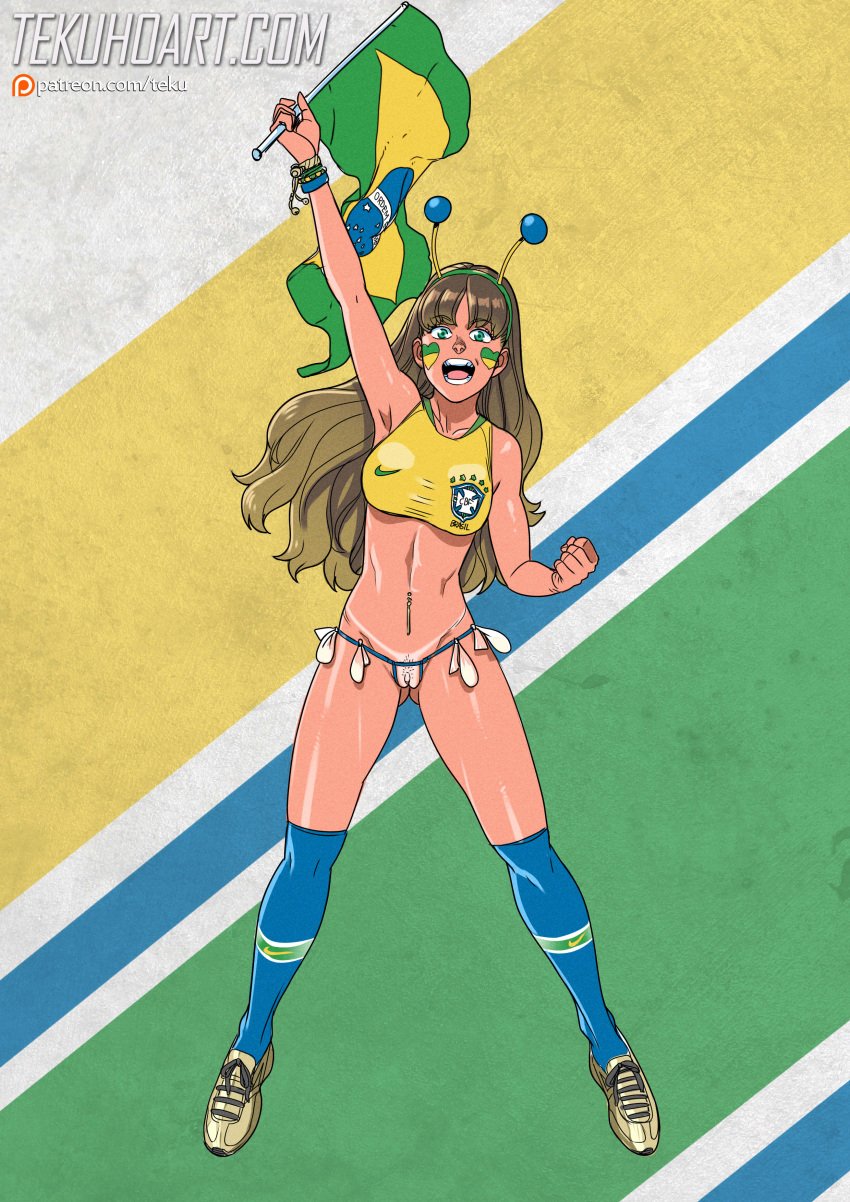 1girls belly_piercing bikini_tan blue_eyes bottomless brazil brazilian brazilian_flag breasts brown_hair cheering condom_belt condoms crotchless crotchless_clothes crotchless_panties dark-skinned_female facepaint female flag fringe full_body green_hair human latina long_hair national_personification navel_piercing petite piercing pubic_stubble pussy revealing_clothes skinny sneakers soccer solo standing tammy_(tekuho) tan_line tan_lines tan_skin tanline tanned_skin teen teenage_girl teenager tekuho uniform used_condom world_cup young