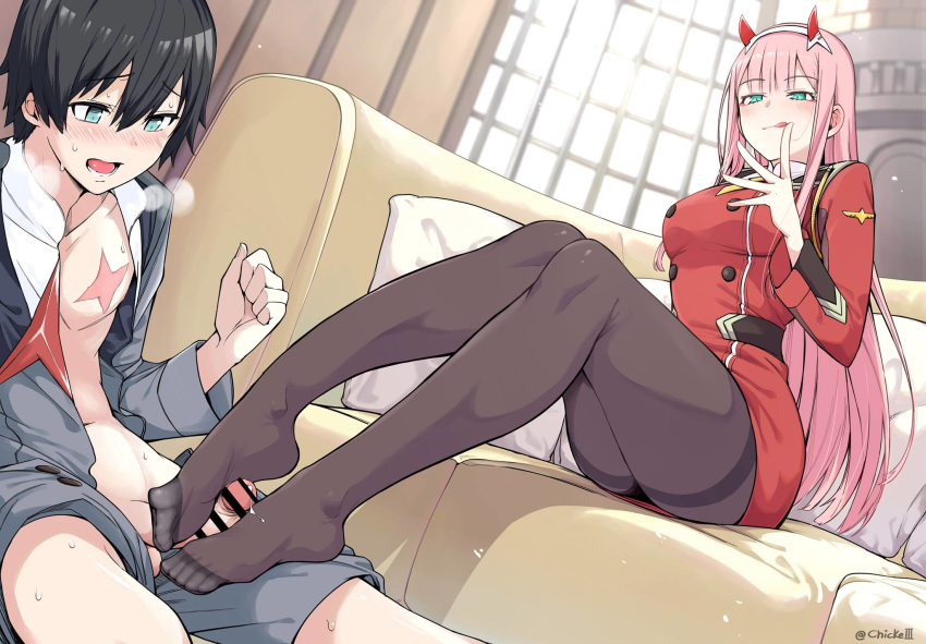 1boy blue_eyes blush chicke_iii couch darling_in_the_franxx feet female finger_licking foot_fetish foot_focus footjob footjob_with_legwear hiro_(darling_in_the_franxx) licking licking_lips long_hair panties pantyhose pink_hair precum sitting soles toes tongue tongue_out zero_two_(darling_in_the_franxx)