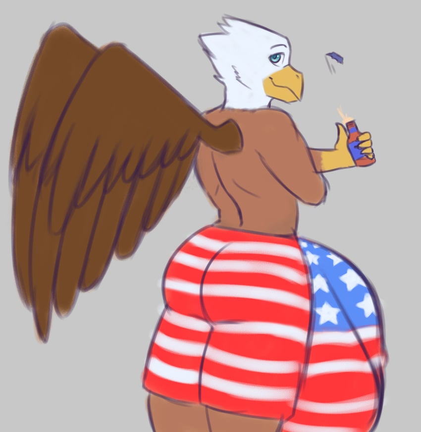 alcohol american_flag anthro ass avian bald_eagle balls beer beer_bottle beer_foam beverage big_balls big_butt big_penis bird blue_eyes bottle bottlecap bunybunyboi eagle eyebrows foam gryphon huge_balls huge_cock hyper hyper_penis male male_only muscular penis simple_background solo squeaks wings