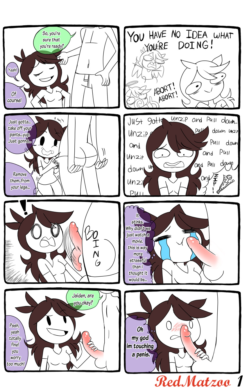 ass belly blush brown_hair comic eyebrows jaiden jaiden_animations long_hair open_mouth pants penis redmatzoo stomach text unseen_male_face youtube youtuber