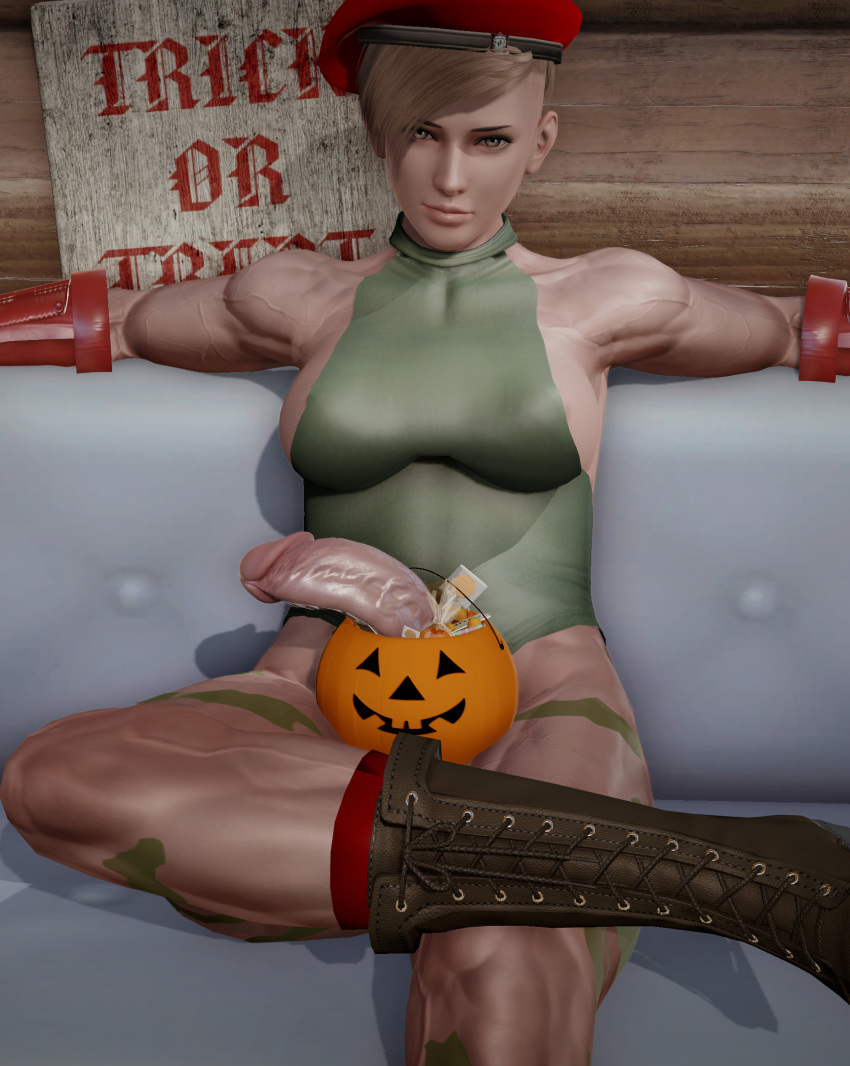 1futa 3d boots cammy_white_(cosplay) cosplay futa_only futanari half-erect halloween hdregrets intersex muscular penis short_hair street_fighter veiny_arms veiny_muscles