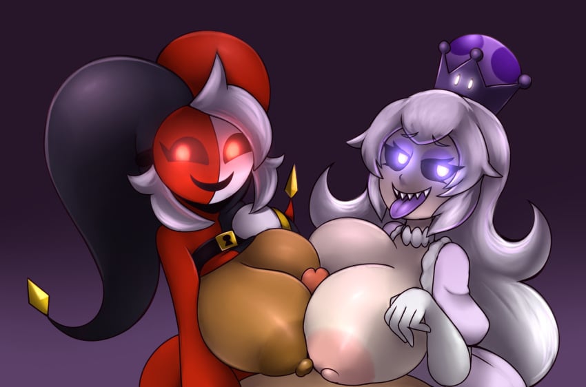 2girls areolae between_breasts big_breasts boosette breasts clothing crown dark-skinned_female dark_skin double_paizuri double_titfuck dress exposed_breasts female ghost ghost_girl gloves glowing_eyes hair huge_breasts jester_cap lady_phanto large_breasts long_hair male mario_(series) mask metachoke multiple_females multiple_girls multiple_paizuri new_super_mario_bros._u_deluxe nintendo nipples open_clothes open_mouth outercourse paizuri penis phanto pov purple_eyes purple_tongue red_eyes straight super_crown super_mario_bros._2 teamwork threesome tongue video_games white_hair