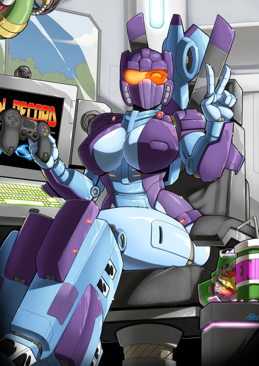 1girls armor big_ass big_breasts breasts cleavage controller female female_focus female_only gaming gaming_chair glowing_eyes humanoid looking_at_viewer mad-project meme original_character robot robot_girl sitting solo starscream thick_thighs transformers v whirlwind_(transformers) wide_hips