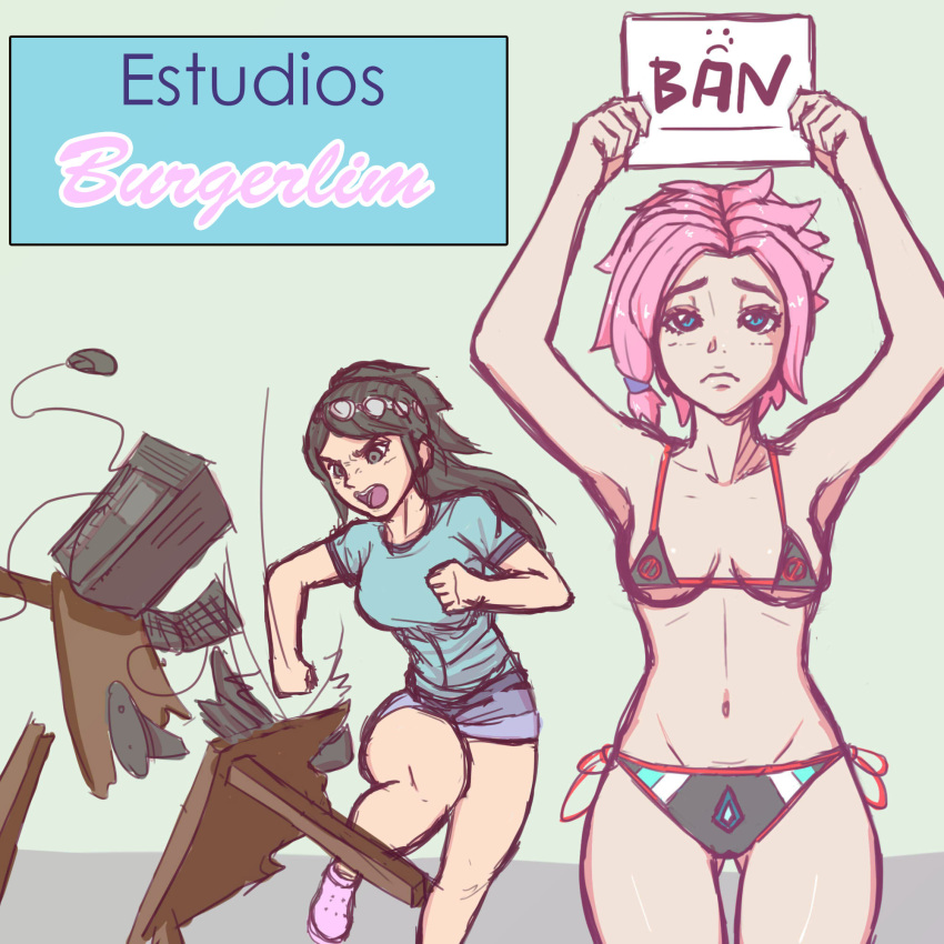 burgerlim elf female maeve_(paladins) paladins pink_hair spanish_text ying_(paladins)