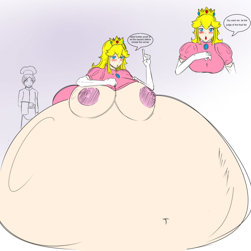 belly blonde_hair breasts dragonicxs fat female gofenix hyper_belly inflation large_breasts mario_(series) nintendo nipples princess_peach sketch soft_color solo_focus stuffing weight_gain