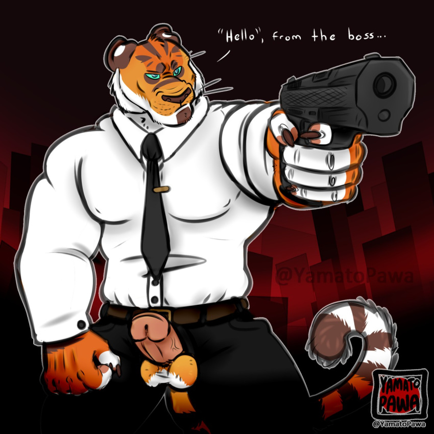 1boy 2d animal_genitalia anthro assassin balls barazoku belt city clothed clothing feline gun humanoid_penis mafia male male_only mammal muscular necktie night outside penis penis_through_fly poking_out public ranged_weapon second_version_at_source sheath solo suit text threatening tiger tight_clothing vein veiny_penis weapon yamatopawa yaoi