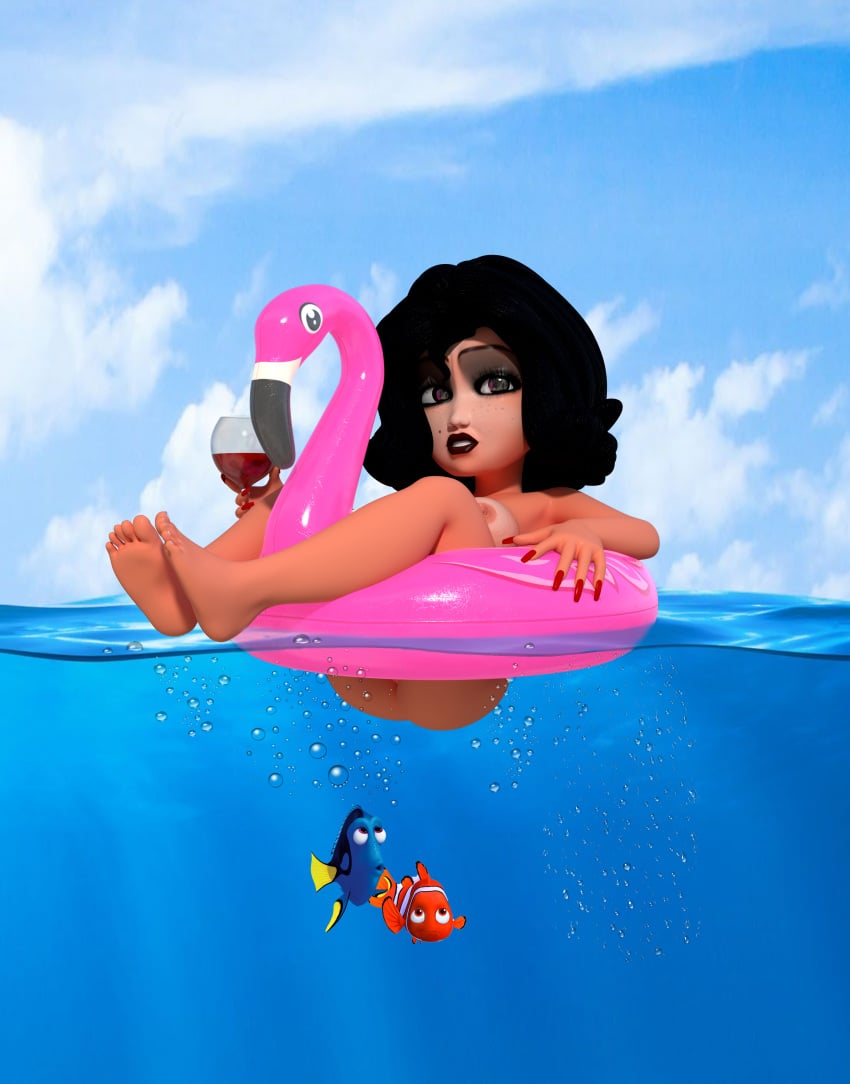 1girls 3d 3d_(artwork) alice_(joel3d) black_hair dory_(finding_nemo) floating joel3d lipstick looking_at_viewer makeup naked nemo pool_toy short_hair toony