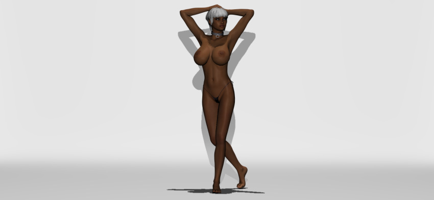 3d alphawlff bare_breasts barefoot big_breasts bikini bikini_bottom black_panties bra_removed breasts busty closed_mouth clothed clothing collar dark-skinned_female dark_skin exhibitionism exposed exposed_breasts female female_only front_view grey_hair half-dressed human indoors inside large_breasts legs lingerie micro_bikini nipples no_bra panties pose poser posing short_hair side-tie_bikini side-tie_panties silver_hair skimpy solo standing string_panties swimsuit swimwear thong topless underwear underwear_only white_hair