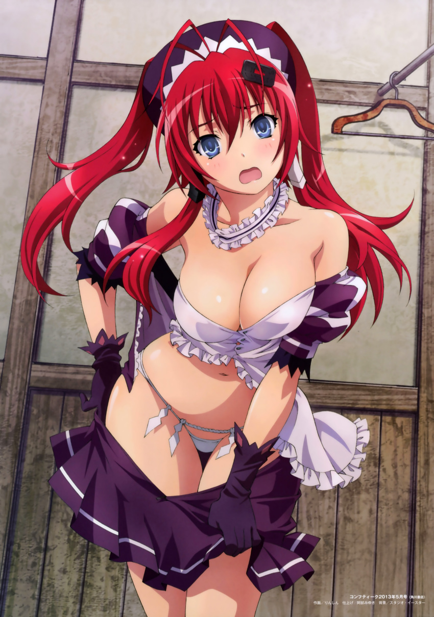 absurdres ahoge bare_shoulders black_gloves blue_eyes breasts cleavage clothes_hanger female gloves hair_ornament hat highres hyakka_ryouran_samurai_girls large_breasts leaning_forward long_hair navel off_shoulder official_art open_mouth panties red_hair rin-sin scan shiny shiny_skin skirt skirt_pull solo thigh_gap underwear undressing white_panties yagyuu_juubei_(hyakka_ryouran)