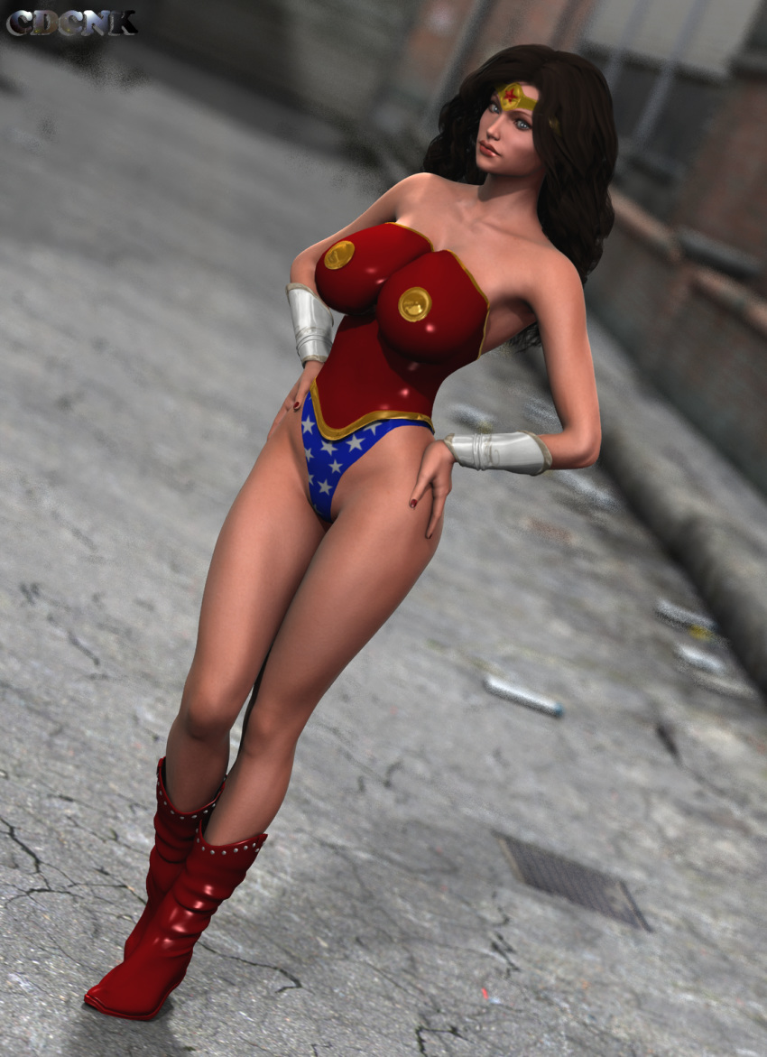 1girls 3d artist_name bare_shoulders big_breasts black_hair boots bracer busty cdcnk cleavage cosplay curvy dc dc_comics detailed_background eyelashes female female_only front_view gray_eyes hourglass_figure human leotard long_hair looking_at_viewer nail_polish outdoors outside partially_visible_vulva pose posing shadow shiny shiny_skin solo standing superheroine text thong tiara voluptuous wide_hips wonder_woman_(cosplay) wonder_woman_(series) zabrianna