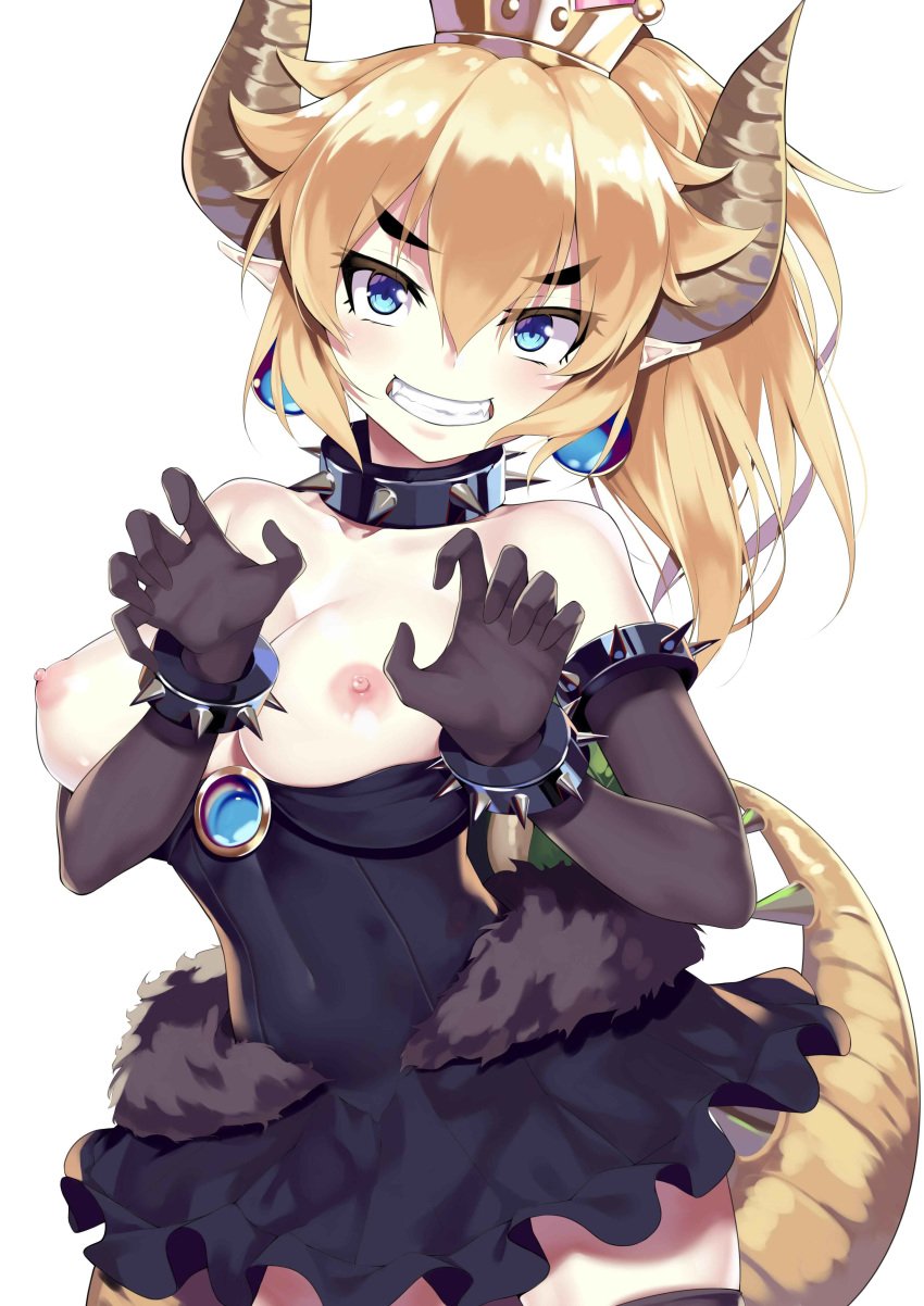 aoi_(buzhuen444) black_collar black_gloves black_skirt blonde_hair blue_earrings blue_eyes bowsette bracelet breasts brooch cleavage collar crown dress elbow_gloves female genderswap gloves horns jewelry large_breasts mario_(series) nail_polish new_super_mario_bros._u_deluxe nintendo nipples pointy_ears skirt spiked_armlet spiked_bracelet spiked_collar spiked_shell spiked_tail spikes strapless strapless_dress super_crown tail teeth white_background