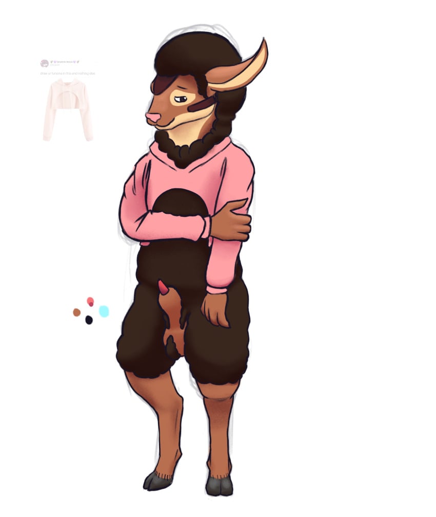 2018 absurd_res animal_genitalia anthro balls bottomless caprine chipmunk clothed clothing color_swatch drawyourfursona fur hi_res hooves hybrid male male_only mammal penis pink_sweater pubes qwaxi~lixard rodent sheath sheep sketch slightly_chubby smile solo standing twitter_hoodie wool