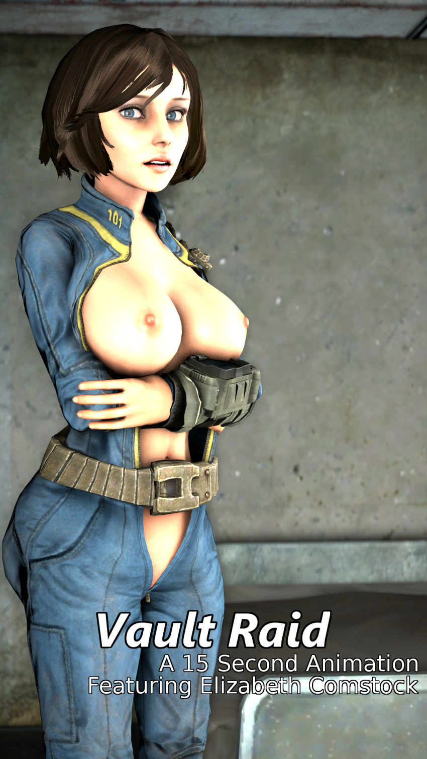 1girls 3d areolae ass belly belt bioshock bioshock_infinite blue_eyes bodysuit breasts_out brown_hair clothed crossed_arms crossover elizabeth_comstock fallout female female_only human large_breasts lipstick navel nipples partially_clothed pip-boy short_hair solo standing text tsarchasmsfm vault_101 vault_dweller vault_girl vault_suit watermark wide_hips zipper