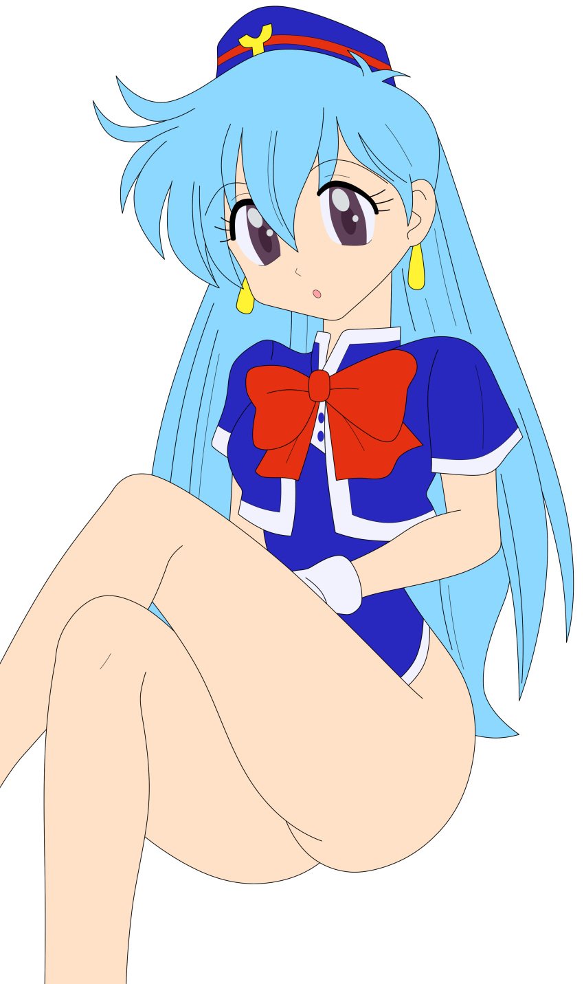 2018 absurdres anus ass bangs blue_footwear blue_hair bottomless bow breasts dress earrings female gloves hand_up hat highres hips human jewelry legs legs_crossed long_hair looking_to_the_side medium_breasts miniskirt no_panties open_mouth photoshop purple_eyes red_bow shoes short_dress short_sleeves simple_background sitting skirt smile solo stewardess tenjouin_katsura thighs vagina vector_trace white_background white_gloves yat_anshin_uchuu_ryokou