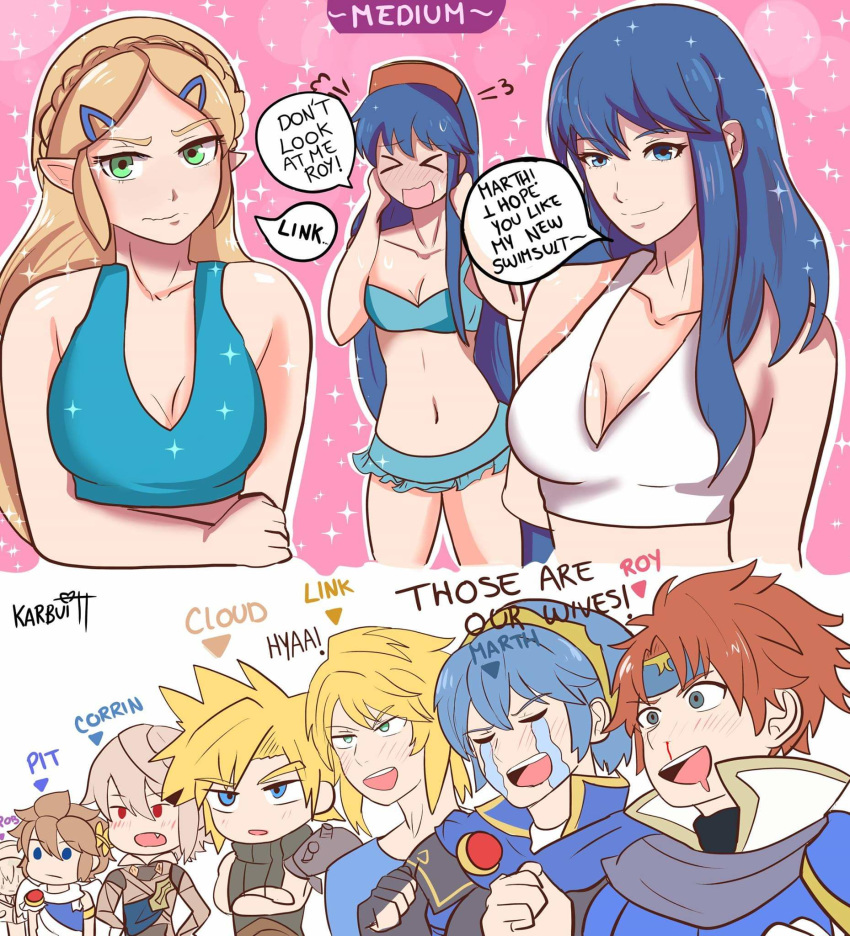 3girls absurdres armor bikini blonde_hair blue_hair breasts breath_of_the_wild caeda_(fire_emblem) cape cloud_strife corrin_(fire_emblem) corrin_(fire_emblem)_(male) crossover female final_fantasy final_fantasy_vii fire_emblem fire_emblem:_mystery_of_the_emblem fire_emblem:_shadow_dragon_and_the_blade_of_light fire_emblem:_the_binding_blade fire_emblem_awakening fire_emblem_fates french_hood hairband headband highres hylian jewelry karbuitt kid_icarus kid_icarus_uprising lilina_(fire_emblem) link link_(breath_of_the_wild) long_hair male marth_(fire_emblem) medium_breasts multiple_males nintendo pale_skin pit_(kid_icarus) pointy_ears ponytail princess_zelda robin_(fire_emblem) robin_(fire_emblem)_(male) roy_(fire_emblem) short_hair simple_background smile super_smash_bros. swimsuit the_legend_of_zelda tiara tunic white_hair zelda_(breath_of_the_wild)