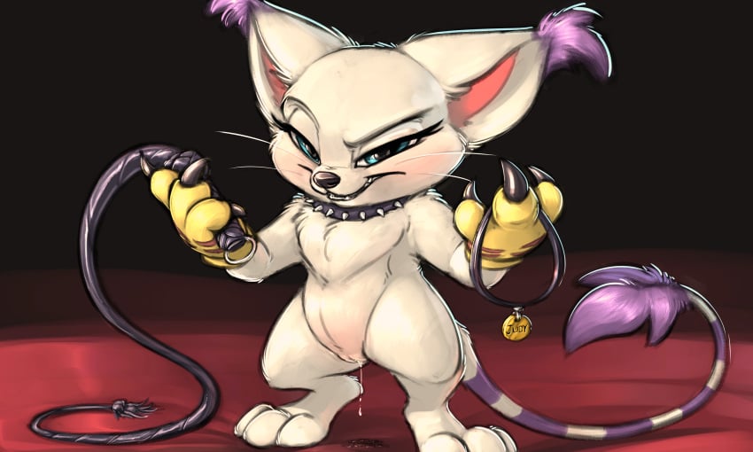 2018 blue_eyes carrot_(artist) collar digimon digital_media_(artwork) dominatrix dripping eyelashes feline female fur gatomon hi_res holding_object holding_whip looking_at_viewer mammal pussy pussy_juice solo spiked_collar spikes whip white_fur