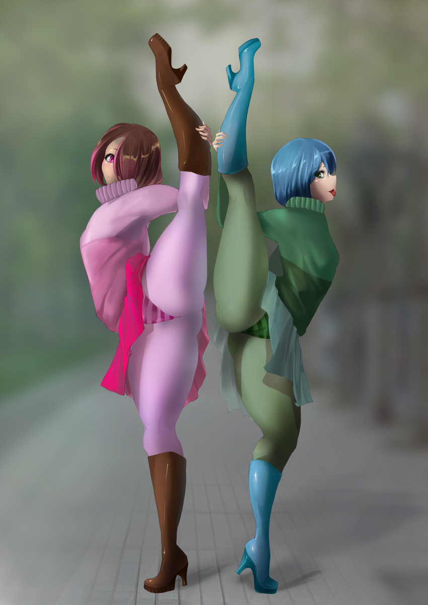 2girls absurd_res amber_lightvale bete_noire blackcola blue_hair boots brown_hair fan_character female_only glitchtale green_eyes green_shirt high_heel_boots highres leg_up leggings legs_over_head legs_up panties pink_eyes pink_hair pink_shirt pink_skirt skirt skirt_up striped_panties sweater thick_thighs thighs undertale undertale_fanfiction