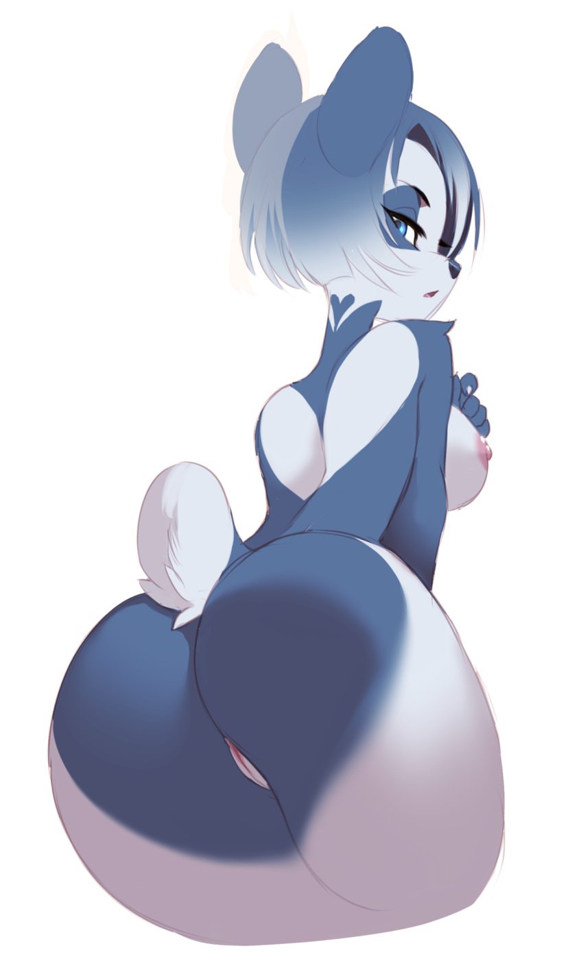 2016 anthro areolae ass bear blue_eyes blue_hair breasts butt_heart delphi female hair hand_on_breast heart kanel looking_at_viewer looking_back mammal nipples nude open_mouth panda portrait pussy rear_view short_hair short_tail sideboob simple_background solo tail three-quarter_portrait white_background