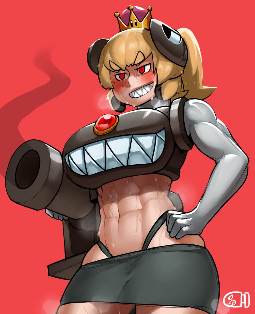 abs amazon black_skirt blonde_hair breasts bullet_bill bullette_bill crown female grin gun hand_on_hip huge_breasts humanized krekk0v mario_(series) muscles muscular muscular_female musk navel new_super_mario_bros._u_deluxe nintendo ponytail red_eyes sharp_teeth skirt solo super_crown sweat sweaty_belly sweaty_thighs teeth thong toned wet