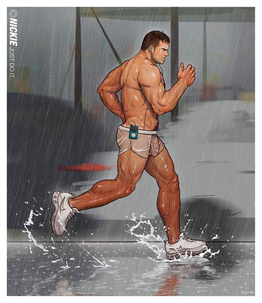 1boy 2010 average_sized_penis bara blurred_background body_hair boxer_briefs brown_hair earbuds erect_nipples facial_hair human jogging m3p_player male male_only muscles nickie_charles penis public rain sneakers solo splashing thick_penis topless translucent transparent_clothing underwear vpl wet wet_clothes