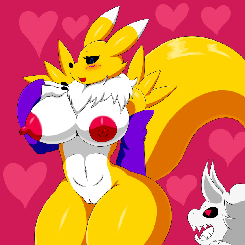 breasts canine clitoris clothing demon digimon duo female invalid_tag itisjoidok joid_(itisjoidok) mammal monochrome pussy renamon simple_background solo_focus