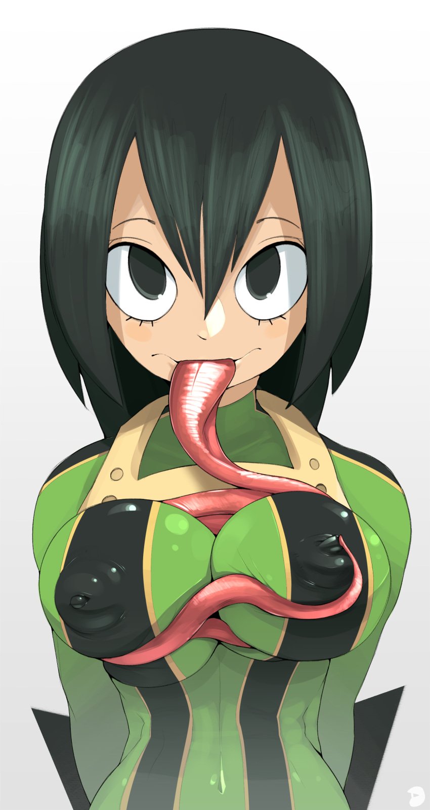 1girls big_breasts blush breasts dasple erect_nipples erect_nipples_under_clothes female female_only green_eyes green_hair hero_outfit_(mha) long_tongue looking_at_viewer my_hero_academia nipples tagme tongue tongue_between_breasts tongue_on_breast tsuyu_asui