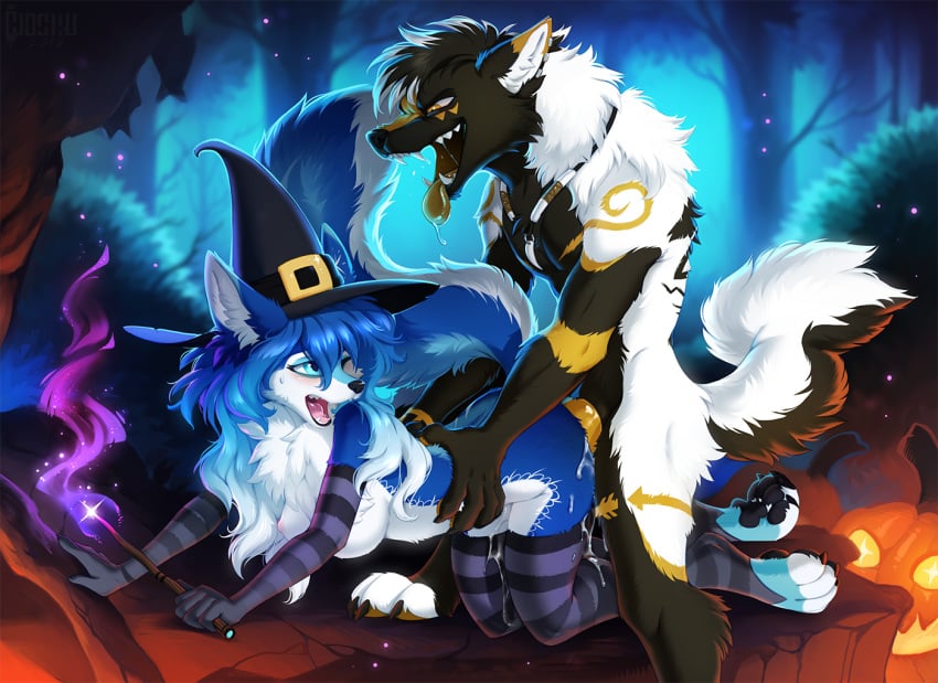 all_fours anthro blue_eyes blue_fur breasts canine chest_tuft claws clothing cum doggy_style drooling duo fangs female from_behind_position fur hair halloween hat hioshiru holding_object holidays inner_ear_fluff jack-o'-lantern jewelry legwear long_hair looking_back magic magic_user male mammal mane necklace night nipples one_eye_closed open_mouth open_smile outside penetration penis raised_tail saliva saphayla_(zelianda) sex smile straight striped_armwear striped_legwear stripes thigh_highs toe_claws tongue tongue_out tuft vaginal_penetration wand witch witch_hat wolf yellow_eyes yellow_penis yellow_tongue zaccai zelianda