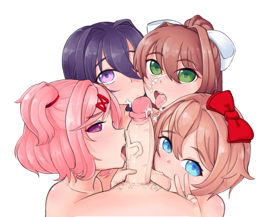 1boy 4girls blue_eyes bodily_fluids bow brown_eyes cock_hungry cock_worship collaborative_fellatio cum cute doki_doki_literature_club fellatio female green_eyes hair_ornament harem licking light-skinned_female looking_at_viewer male monika_(doki_doki_literature_club) multiple_fellatio multiple_females multiple_girls natsuki_(doki_doki_literature_club) oral penis pink_eyes pink_hair ponytail pov purple_eyes purple_hair quadruple_fellatio sayori_(doki_doki_literature_club) semen smile sucking sucking_testicles tahou teamwork testicles white_background yuri_(doki_doki_literature_club)