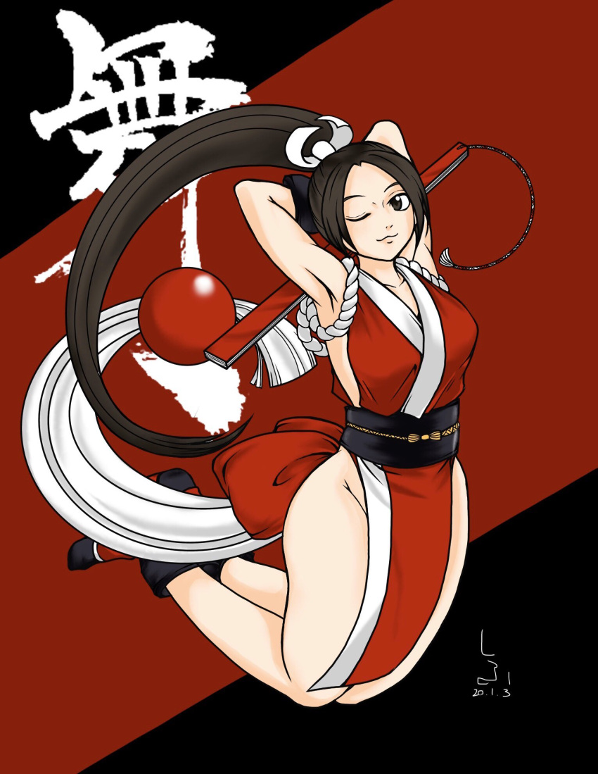 1girls armpits arms_behind_head big_breasts breasts brown_eyes brown_hair busty cleavage confident fan fatal_fury feet female female_only highres king_of_fighters large_breasts legs long_hair mai_shiranui one_eye_closed ponytail pose posing sensual sexy_armpits shihu_zou smile snk solo thighs voluptuous