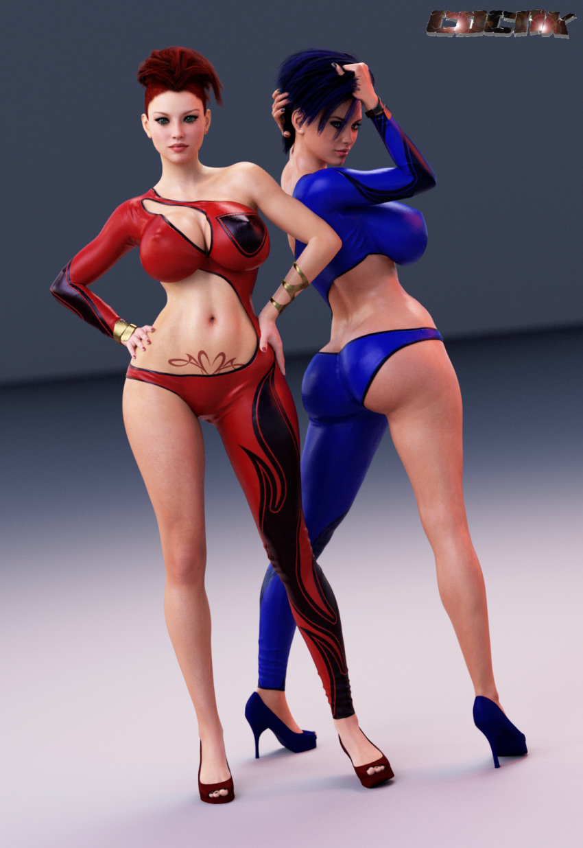 2girls 3d akasha_skapova akira_mitsuoka artist_name back_view bare_shoulders big_breasts blue_dress blue_eyes blue_hair bracer breasts busty cdcnk cleavage curvy detailed_background dress duo erect_nipple erect_nipples eyelashes female female_only front_view green_eyes hand_on_hip hand_on_hips hands_on_hips high_heels hourglass_figure human large_breasts looking_at_viewer looking_back multiple_females multiple_girls nail_polish nipple_bulge open_toe_shoes pose posing red_dress red_hair shadow shiny shiny_skin short_hair sideboob spread_legs spreading standing tattoo voluptuous wide_hips