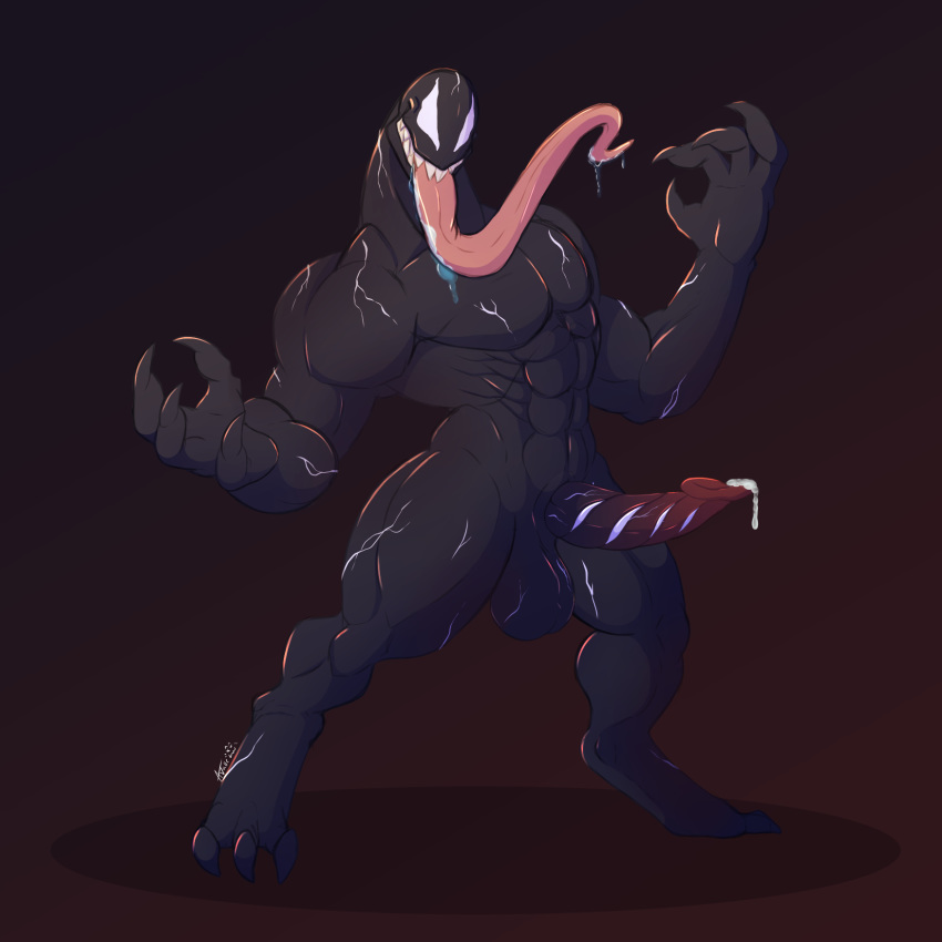 1boy abs alien biped black_skin erection humanoid long_tongue male male_only marvel monster muscular muscular_male nude solo spider-man_(series) symbiote teeth testicles tongue tongue_out undeadkitty13 venom venom_(marvel)