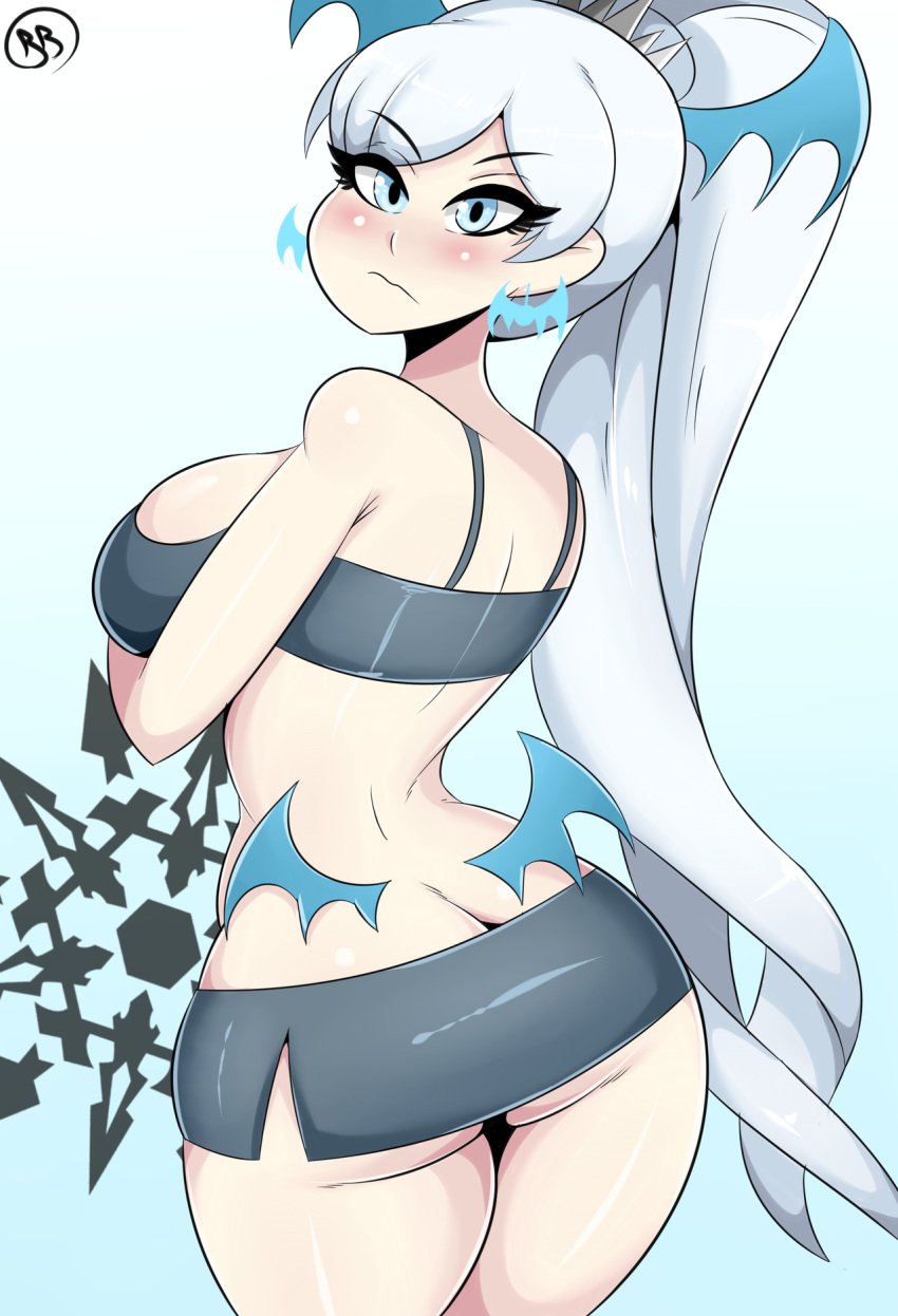 ass ass_cleavage bat_wings blue_eyes blush bmayneart breasts butt_crack female female_only large_breasts long_hair lowleg lowleg_skirt ponytail rwby short_skirt skirt weiss_schnee white_hair wide_hips